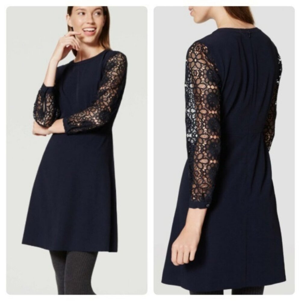 Loft Navy Blue Lace Sleeve Swing Dress Size 0P NWOT